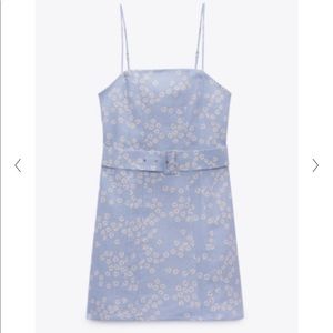 ZARA Floral Print Linen Blend Dress Blue Belted